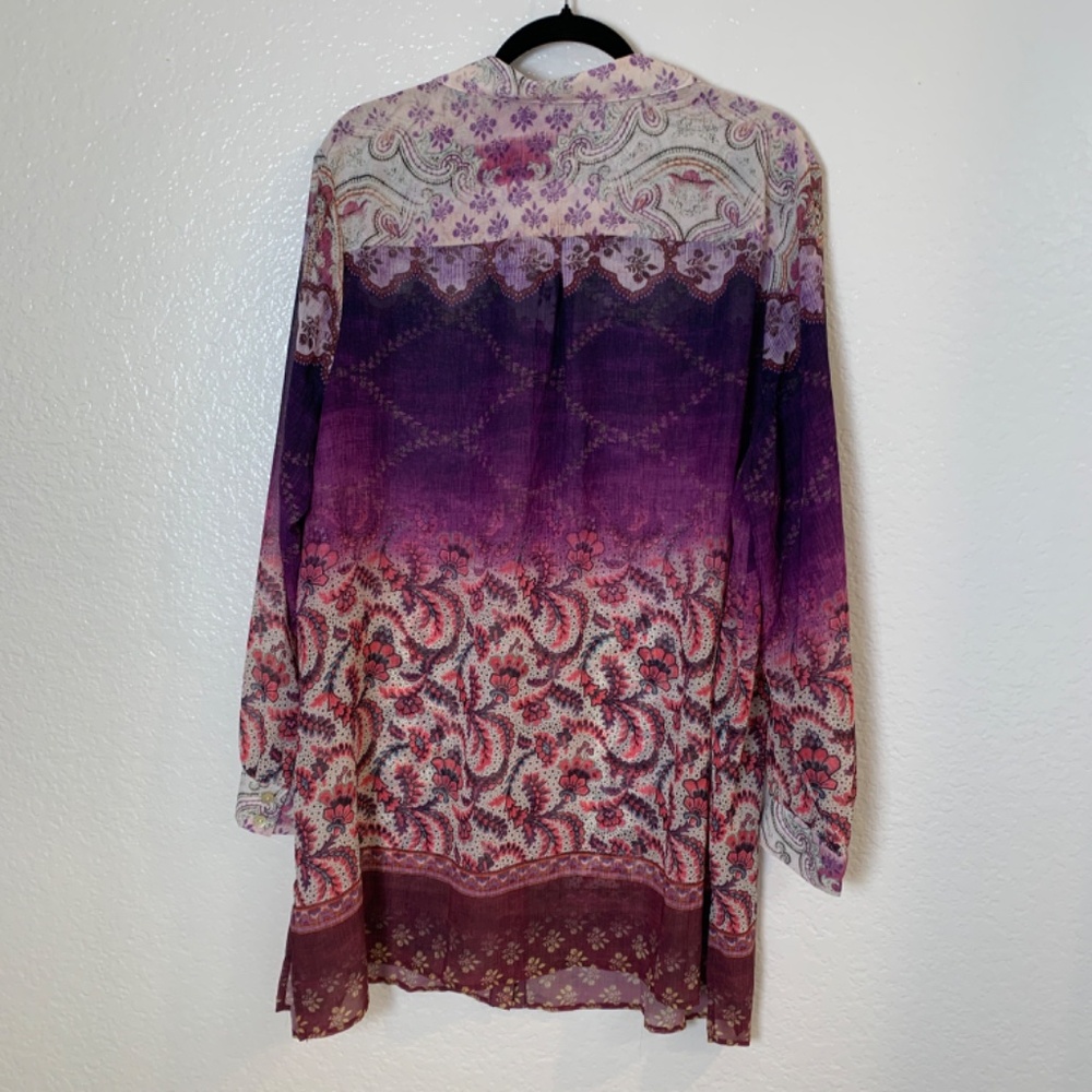 SUSAN GRAVER Purple Floral Chiffon Tunic Top Size 2XP Button Up Semi Sheer Artsy - Picture 11 of 15